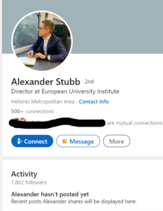 Presidenttiehdokas Alexander Stubbin profiili LinkedIn palvelussa presidentinvaaleissa. 